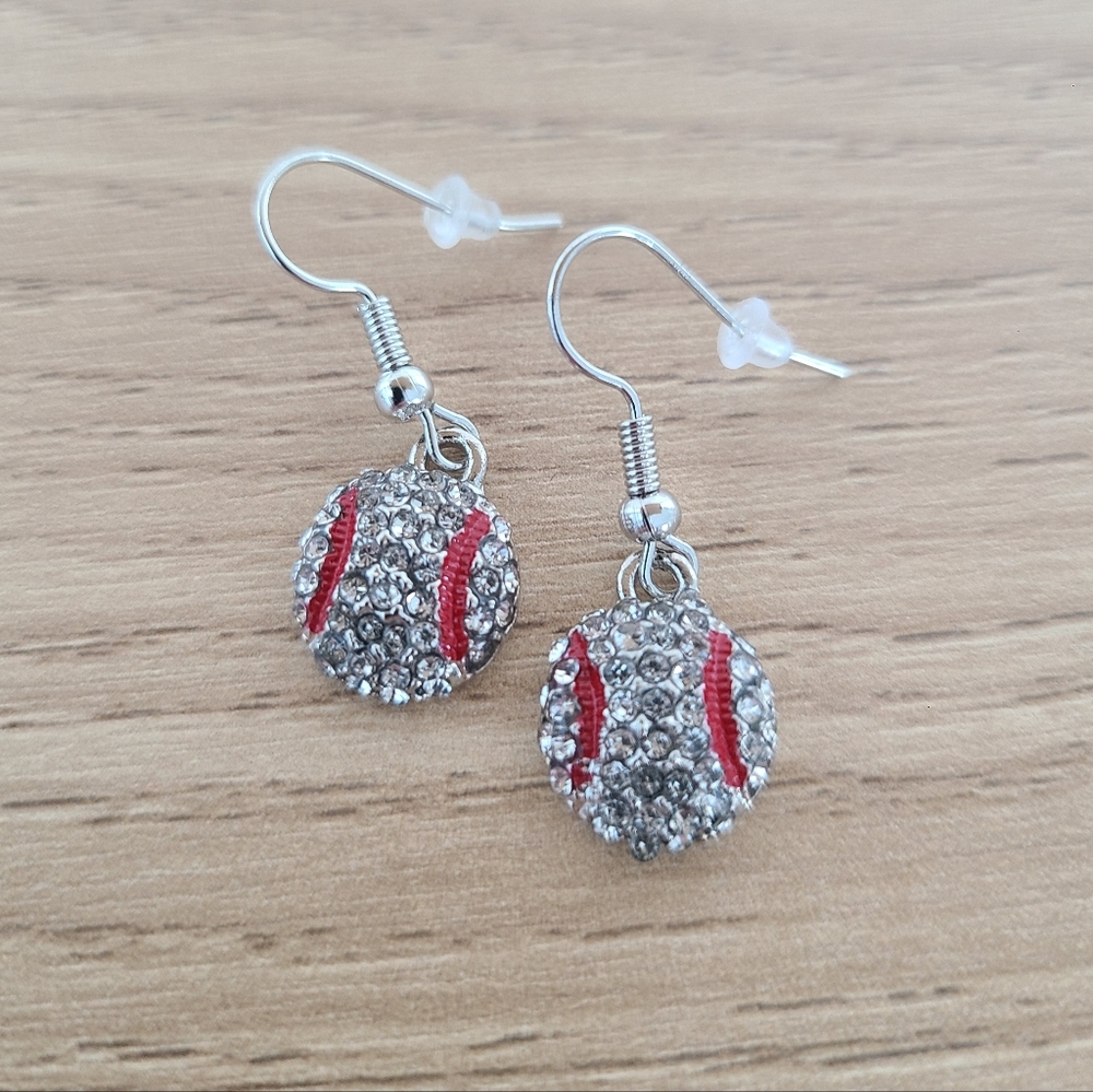 Baseball Rhinestone Earrings, Baseball Dangle Earrings, Silver Sports Earrings - Picture 3 of 8